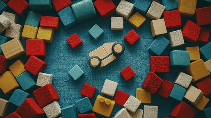 Playful toy car surrounded by colorful blocks on blue background creative layout child's playtime