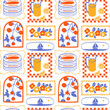 © Dedraw Studio - Retro hand drawn summer seamless pattern. Traditional patchwork style background illustration. Vintage mediterranean vacation textile print, fine art texture with tomato, sea, flower.
