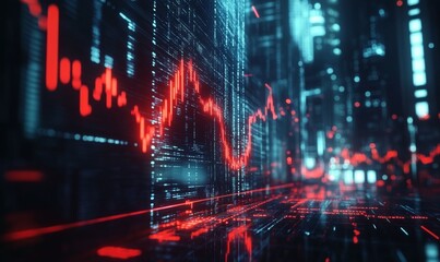 stock market crash concept with red downward trend arrows on digital financial chart