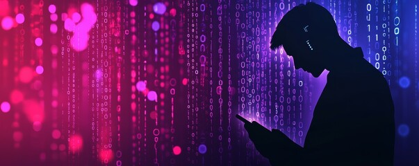Silhouetted hacker unlocking mobile phone, dark background with binary code, personal data theft concept, mobile vulnerability