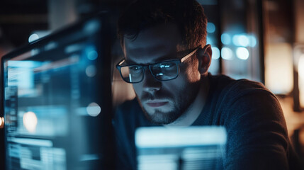 Leinwandbilder - Late-night software developer focused on coding on multiple monitors in a dimly lit office