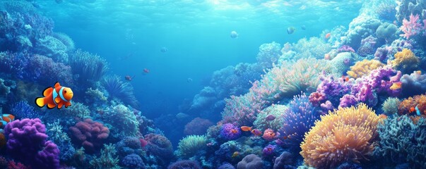 Wall Mural - The clown fish swims along the anemone coral reef background, a colorful coral reef landscape in the ocean depths.