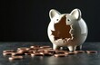 © Maryna - Broken piggy bank empty space, scattered coins. Ceramic pieces around opening. Financial loss bad investment concept. Dark background. Represents savings investment failure. Suitable for finance