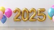 © Alexandr - Golden balloons depicting 2025 set against a light blue backdrop.Golden 2025-shaped balloons floating on a light blue background.2025-shaped golden balloons with a light blue sky background.Golden