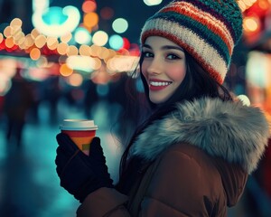 Wall Mural - Woman enjoying a warm drink on a city street. AI.