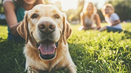 A happy family with a golden dog posing in the green grass on a sunny day