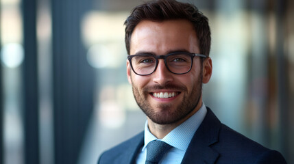 Canvas Print - Confident businessman in a suit and glasses exudes professionalism and success in a corporate setting, with a smile