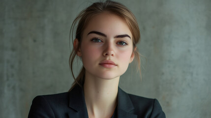 Canvas Print - Professional and confident businesswoman in a suit poses against a gray background for a portrait