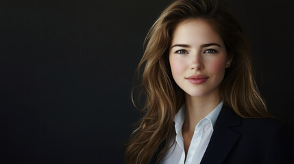 Canvas Print - Confident professional woman with long brown hair wearing a blazer and white shirt in a studio setting against a dark backdrop