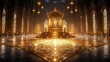 © Alpha - Golden-blue royal throne room, close-up of shimmering decor, glowing stained glass windows, and exquisite carved details for a majestic digital scene