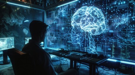 Man Observing Digital Brain Network Visualization