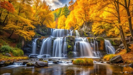 Sticker - Beautiful autumn landscape with yellow trees surrounding a cascading waterfall, autumn, landscape, nature, yellow trees