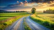 © Sujid - Side view of gravel road winding through serene countryside meadow, gravel, road, countryside, side view, meadow, rural
