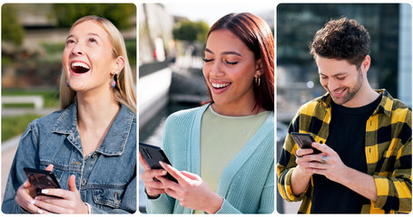 Wall Mural - Phone, laugh and people in city typing for communication, networking or contact with mobile app. Tech, collage and friends with smile on social media with cellphone outdoor in town for texting online