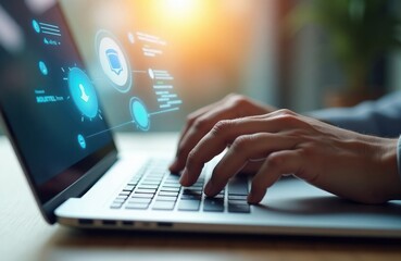 Person uses laptop interacting with AI virtual assistant. Hands type on keyboard. Tech interface shows AI assistant. Modern tech use. Virtual assistance. AI interaction.
