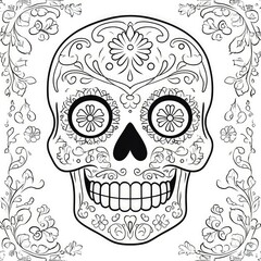 Canvas Print - Ornate sugar skull, floral border, Day of the Dead.