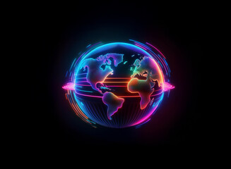 a vibrant, neon-lit globe spins against a black backdrop, encircled by dynamic, colorful energy line