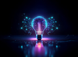 Wall Mural - a glowing, futuristic lightbulb, rendered in vibrant neon hues, is depicted against a dark backgroun