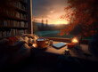 © joeycheung - Cozy autumn scene: warm tea, a blanket, bookshelves, and a stunning sunset view from a window seat.  Tranquility and comfort.