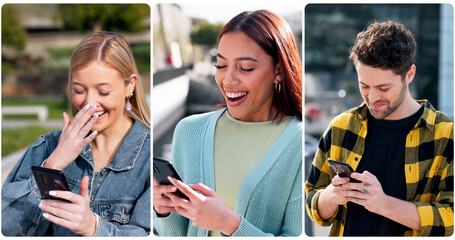 Collage, phone and networking with people in city for communication, social media post and diversity. Technology, connection and digital world with group and mobile app for text message and contact