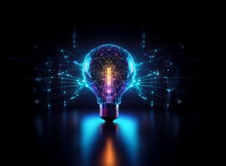 Wall Mural - A glowing, futuristic lightbulb with vibrant, interconnected nodes and energy streams bursts from its sides, illuminating a dark reflective surface.