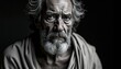 © Maryna - Aged man with weathered face. Deep wrinkles, profound wisdom etch face. High contrast chiaroscuro lighting highlights dramatic toga draped around. Intense piercing eyes suggest deep thought
