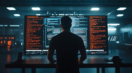 Programmer reviewing code on large monitors.