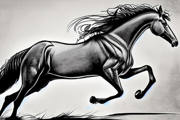 Wall Mural - Black and white drawing of horse running. Drawing of horse with gray background. Black and gray drawing of horse with a black pencil. A black and gray pencil drawing a horse on a gray lifestyle.