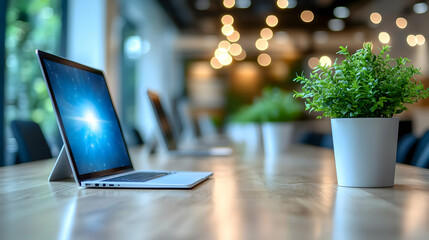 Laptop Displays Network, Shows Digital Data on Screen, Brightly Lit Workspace with Plants