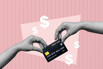 Wall Mural - A human hand holding a credit card with a dollar sign symbol on a colored background