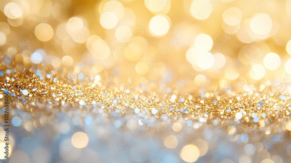 Bright golden bokeh eon blue toned empty background. abstract glitter ...
