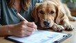 © Maryna - Woman fills out pet insurance form online. Dog lies by side. Pet owner completes paperwork for animal insurance. Person manages pet documents. Animal healthcare. Online form. Domestic pet. Insurance