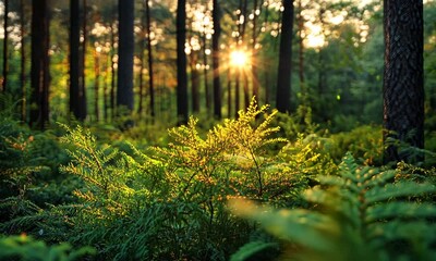 Wall Mural - sunlight filters through trees, illuminating lush ferns.