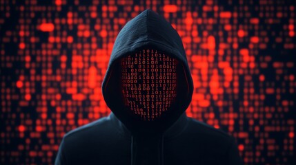 Mysterious figure in a hoodie against a digital backdrop of red binary code.