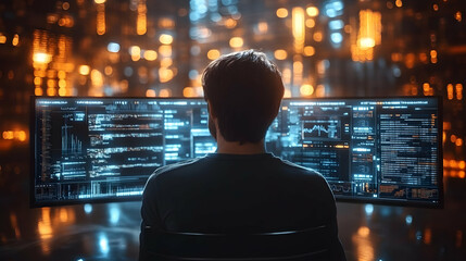 Programmer Codes Complex Algorithms on Dual Monitors at Night