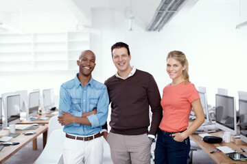 People, portrait and confident in agency for business, software development or about us in office. IT team, smile or tech in computer lab for cybersecurity course, workshop or connectivity for coding