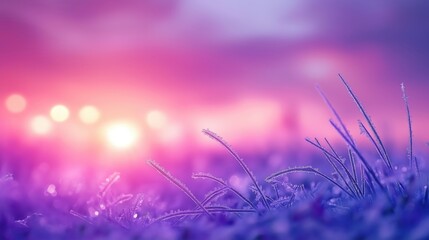 Wall Mural - A close-up of frosty grass illuminated by a colorful sunrise with a blurred background.