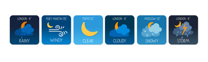 Wall Mural - various weather conditions displayed with icons for different locations in the world