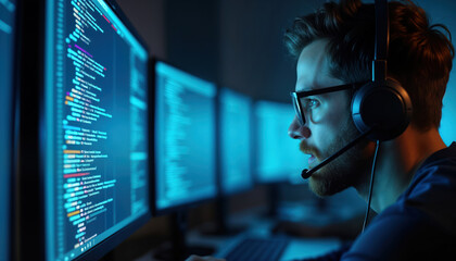 Focused cybersecurity analyst reviews code on multiple monitors in modern security operations center. Wears headphones, glasses. Image shows intense tech focus. Professional tech expert analyzes
