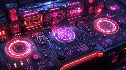Futuristic control panel with glowing neon lights and digital interfaces.