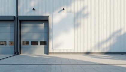 Wall Mural - Modern industrial building facade with blank signage. Empty space for advertisement. Exterior of warehouse or factory. Flat light and shadows. Gray metal roll-up doors. Simple design.