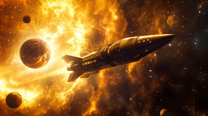 Wall Mural - Exploring the cosmos a futuristic rocketship navigating through vibrant planets and nebulous skies, digital art of space exploration concept. Nebulous. Illustration