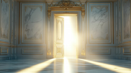 Wall Mural - An open door with light shining through, in the center of an empty room with white marble floors and gold trim on the walls