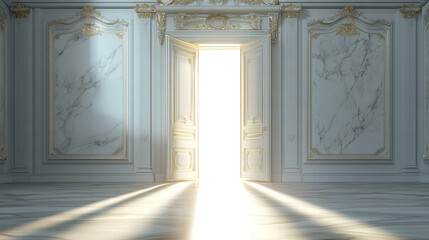 Wall Mural - An open door with light shining through, in the center of an empty room with white marble floors and gold trim on the walls