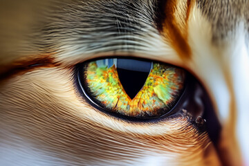 Wall Mural - Cat's eye with green eyes. Up of cat with close up of its eyes. Close up of cat with colored eye on a blue background. Close up of a cat with a close eye lifestyle on a background.