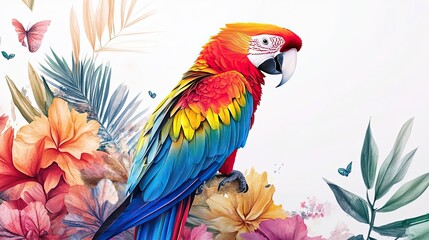 Poster - Scarlet Macaw Perched Amongst Vibrant Tropical Flowers