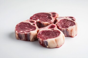 Poster - Four raw beef steaks on white background.