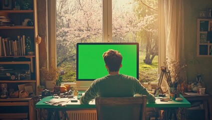 Poster - Man working at home office with green screen computer, spring view.