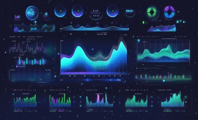 Aufkleber - Futuristic data visualization dashboard with various charts and graphs displaying dynamic data.
