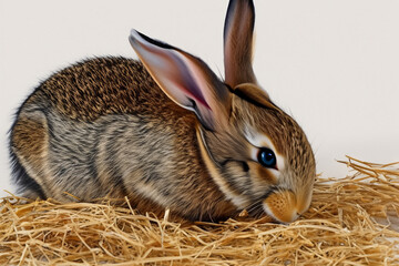 Wall Mural - Rabbit is sitting on some hay. White rabbit with hay on white background. A rabbit eating hay on a white background. A rabbit eating hay on a fluffy white background lifestyle.